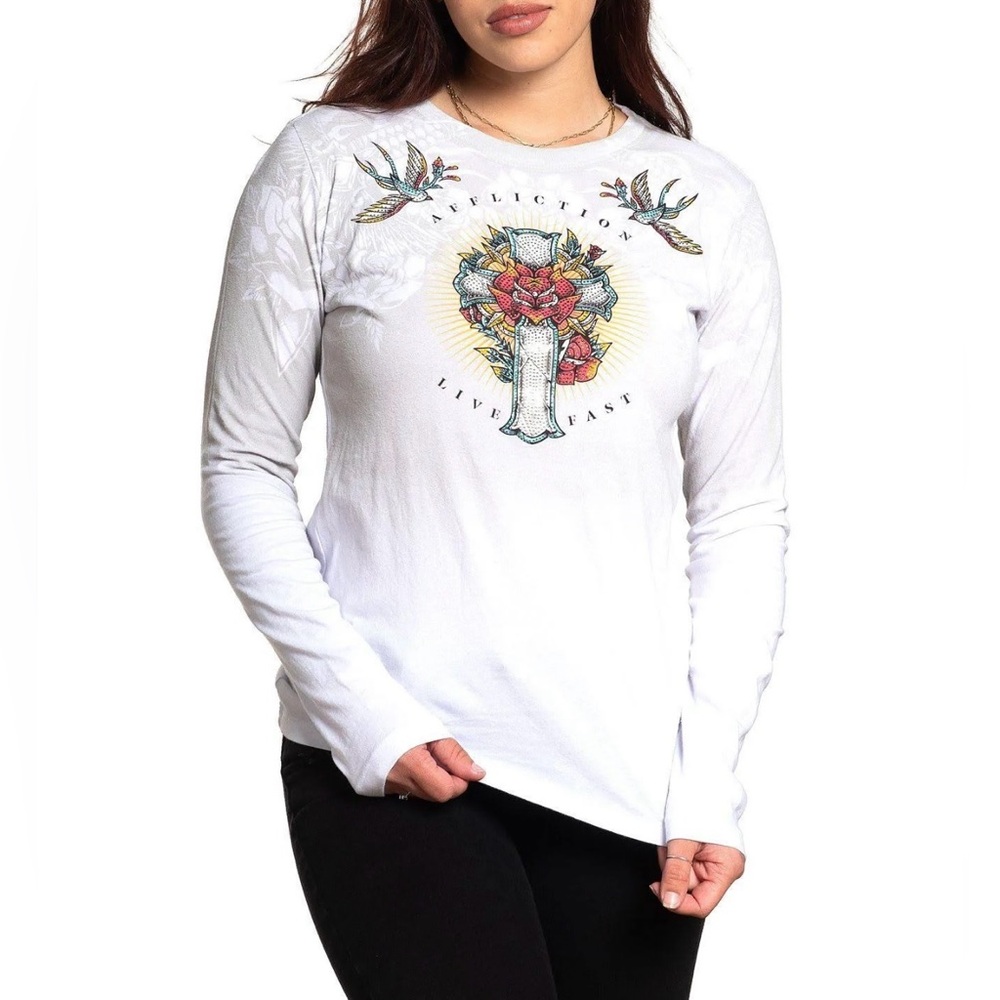 Affliction Crystal Beaded Rose & Cross Women White Grey Long Sleeve Size Medium